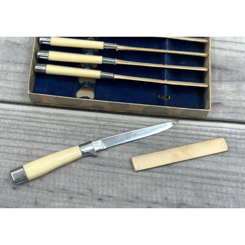 SET OF 6 VINTAGE EMPIRE STEAK KNIVES‎ WITH CELLULOID HANDLES - IN ORIGINAL BOX
